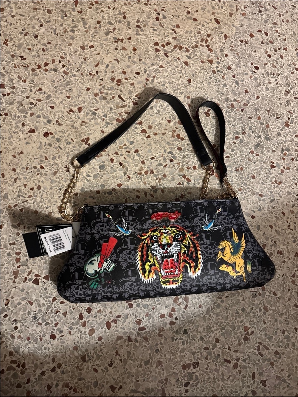 NWT ed hardy shoulder bag tiger motif and skull pat